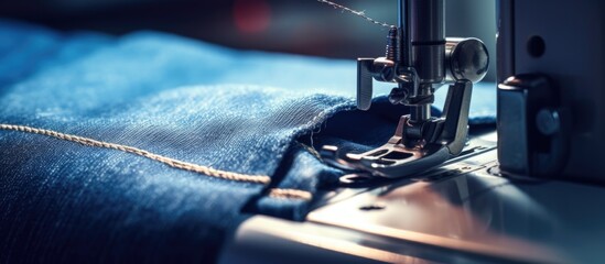 Close-up of a sewing machine sewing denim with blue cloth.