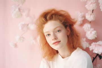 Portrait of a beautiful red-haired girl with freckles on her face on pink .