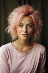 Fototapeta premium Portrait of a beautiful young woman with pink hair in the room