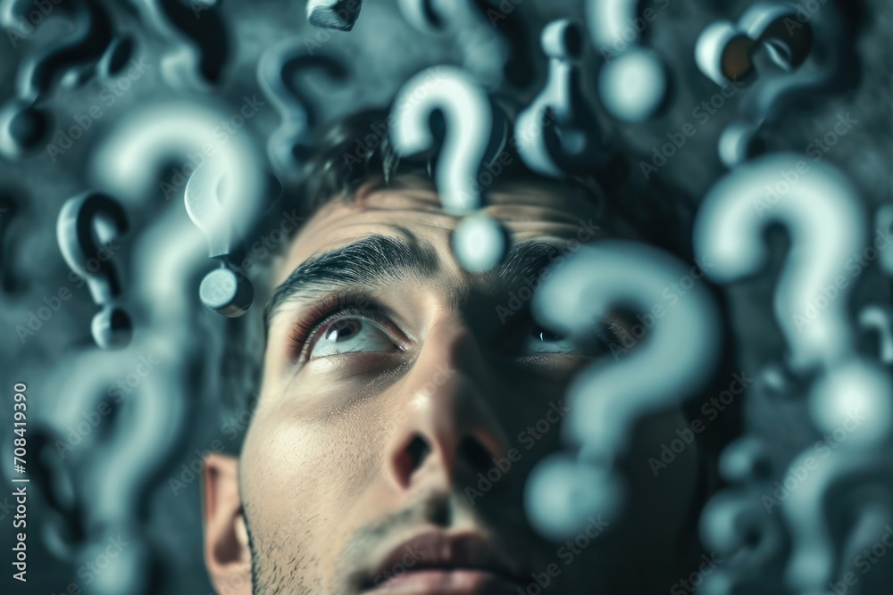 Poster Close-up of a man face looking up, surrounded by floating question marks depicting contemplation.