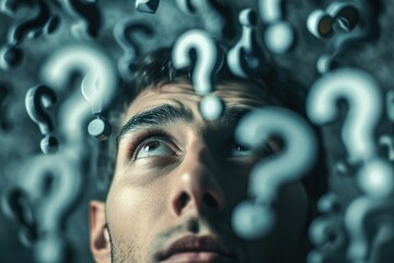 Close-up of a man face looking up, surrounded by floating question marks depicting contemplation.