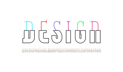 Simple long font, modern alphabet, multi-colored condensed letters and numbers, vector illustration 10eps