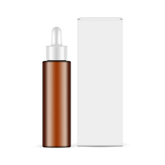Amber Tall Dropper Bottle With Packaging Box, Front View, Isolated On White Background. Vector Illustration