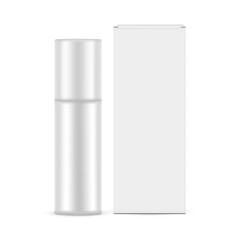 Blank Plastic Cosmetic Bottle, Packaging Box Front View, Isolated On White Background. Vector Illustration - obrazy, fototapety, plakaty