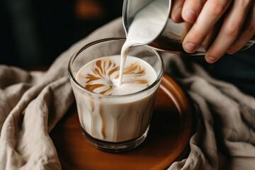 The Art of Latte. A skilled hand pours steamed milk into a coffee glass, creating an intricate latte art pattern on a warm and cozy backdrop - obrazy, fototapety, plakaty