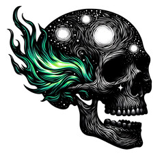 Starry skull with green fire illustration, design element for tattoo, t shirt, logo, poster, card, banner, emblem