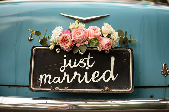 A classic car adorned with a "Just Married" sign and a bouquet of fresh roses, symbolizing the beginning of a joyous journey together.