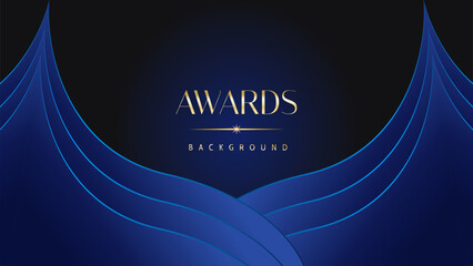 Dark blue golden royal awards graphics background. Lines growing elegant shine spark. Luxury premium corporate abstract design template.