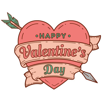 Happy Valentines Day with heart wrapped in ribbon and arrow