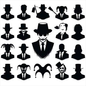 joker face silhouettes , joker  cap set silhouette , joker face set silhouettes