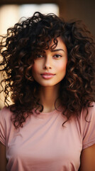 Fototapeta premium Portrait of beautiful young woman with curly hair looking at camera .