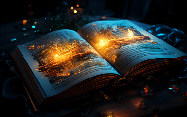 3D Book illustration in a dark room with different styles of design