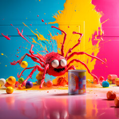 spider painting right splashes of paint in different colors behind a collection of graffiti cans on...