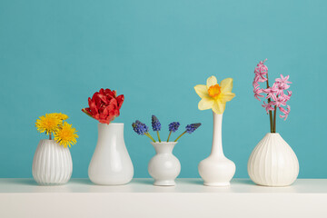 White vases with spring flowers with a blue background