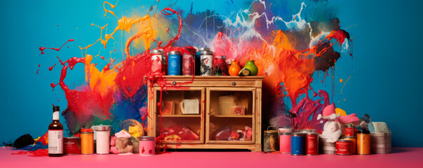 Bright splashes of paint in different colors behind a collection of graffiti cans on the wall and floor showcase the dynamic energy and creativity of street art.