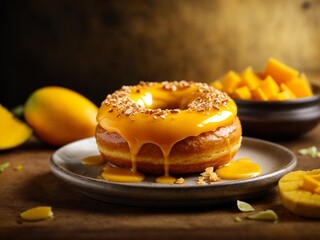 Mango glazed doughnut in studio lighting and background, cinematic food donut photography 