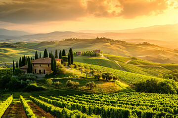 View of Tuscany at Tuscan sunrise - obrazy, fototapety, plakaty