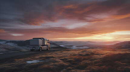 Truck looks out over sunrise landscape - obrazy, fototapety, plakaty