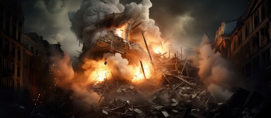 Explosive destruction of an aged city building. - obrazy, fototapety, plakaty
