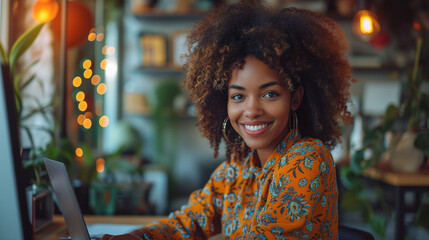 Fototapeta premium A cheerful young woman works on her laptop at a desk surrounded by lush greenery, exuding positivity and entrepreneurial spirit.