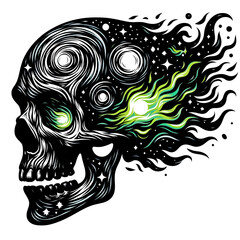 Starry skull with green fire illustration, design element for tattoo, t shirt, logo, poster, card, banner, emblem