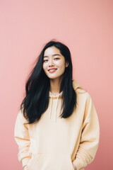 Fototapeta premium Portrait of a young beautiful asian woman smiling on pink background