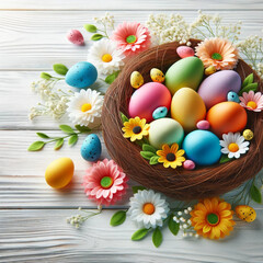 Fototapeta na wymiar Easter Day composition featuring colorful eggs in a nest and flower decoration, set against a white wood background