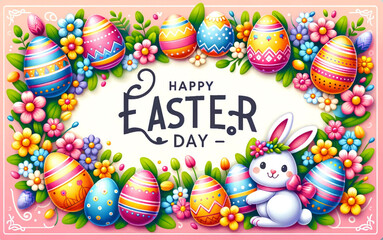 Fototapeta na wymiar Happy Easter Day invitation card design with expanded side borders, easter card with eggs and bunny