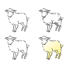ヒツジの和風ベクターイラストセット（線画、影付き、白黒、グラデーション）。