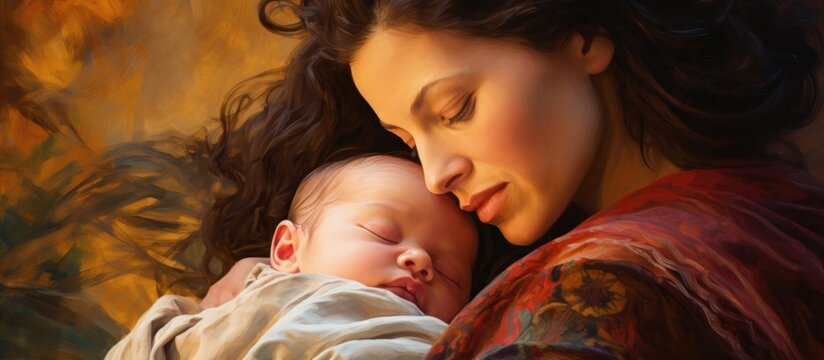A woman lovingly cuddles an adorable newborn baby, cherishing a tender moment of motherhood.