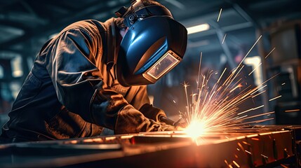 Close-up picture of a person welding onto sheet metal - obrazy, fototapety, plakaty