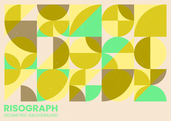Trendy bauhaus riso graph style. Abstract background with grain texture. 80s style geometric collage. Geometric poster with risograph effect.