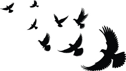 Black vector of a flock of birds flying in the sky, 