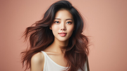 Beautiful asian woman with long healthy hair, studio shot .