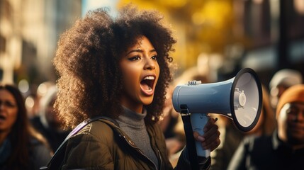 Young African-American woman speaking through a megaphone at a protest - obrazy, fototapety, plakaty