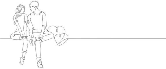 Illustration of happy couple in line art drawing style. Love and friendship black linear sketch isolated on white background. Vector illustration