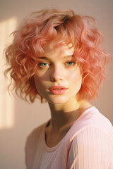 Portrait of a beautiful young woman with pink hair in the sunlight