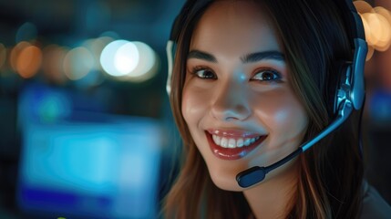 happy female contract service representative telemarketing operator smiling to camera. Happy beautiful woman call center agent or salesman wearing headset working in customer support office