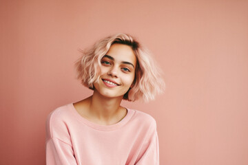 Fototapeta premium Portrait of a beautiful young woman with blonde hair in a pink sweater on a pink background
