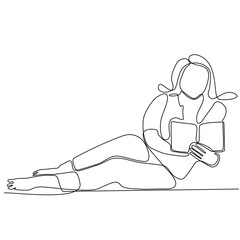 continuous line drawing of woman reading vector illustration