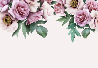 Floral banner, header with copy space. Pink  peony and roses isolated on pastel background. Natural flowers wallpaper or greeting card. © RinaM