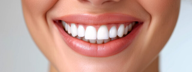 Close-Up Of Perfect White Female Teeth, Dental Care And Tooth Whitening Service.