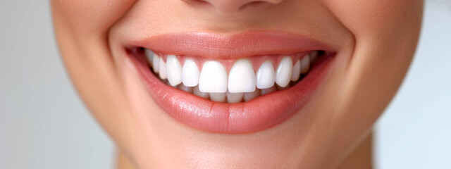 Naklejka premium Close-Up Of Perfect White Female Teeth, Dental Care And Tooth Whitening Service.