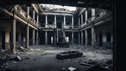interior of a post apocalyptic destroyed building with dark atmosphere