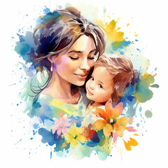 Beautiful mother with her son on colorful watercolor splash background.