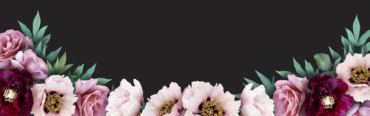 Floral banner, header with copy space. Pink  peony and roses isolated on dark background. Natural...