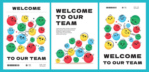 A set of poster templates with doodle faces with different emotions. Vivid crayon style illustrations. The inscription on the postcard: Welcome to our team. - obrazy, fototapety, plakaty