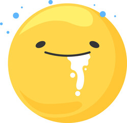 Drooling yellow smiley face emoticon. Happy drool expression, cute digital emoji design. Satisfied hungry smile vector illustration.
