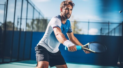  Male athlete going for a backhand shot on a blue padel court. Skilled padel player wielding his padel racket during a competitive sports game.  - obrazy, fototapety, plakaty