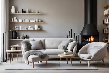 gray white Sofa and chair in room with fireplace